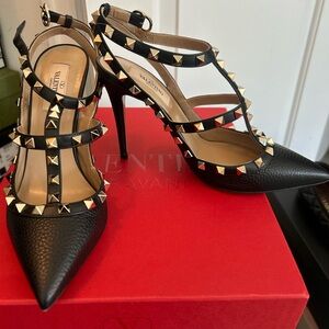 Valentino Black and Gold Studded Heels